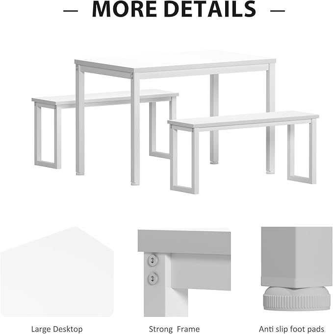 Soges Industrial Style White Dining Table Set for 4, 3 Piece Rectangular Wooden Table and Long Benches, Kitchen and Dining Room Set