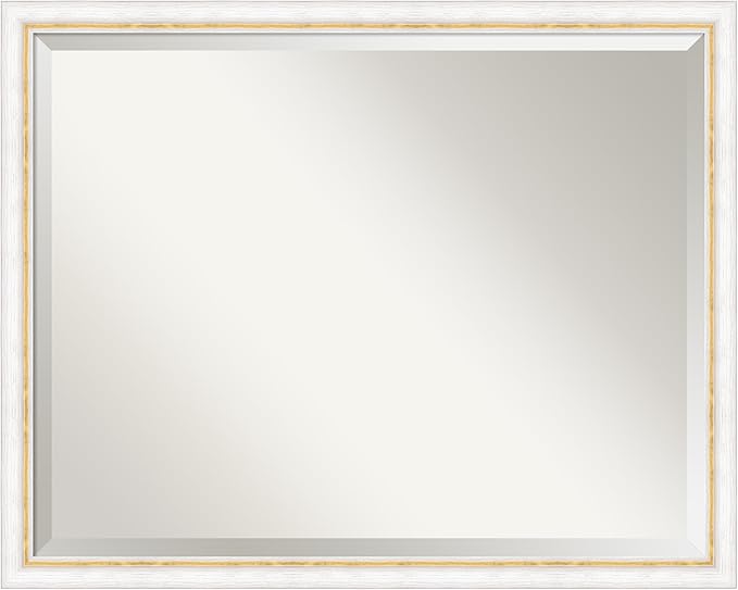 Amanti Art White Bathroom Mirror for Over Sink, 24x30 Morgan White Gold Rectangle Vanity Mirror, Large Modern Contemporary Wood Frame, Hangs Horizonally and Vertically, Bathroom Wall Decor, Beveled