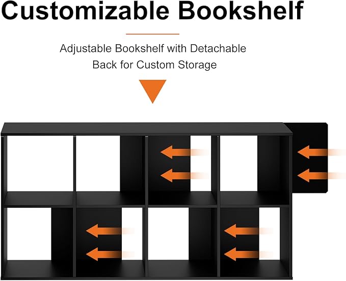 Sweetcrispy 8 Cube Storage Organizer - Open Cube Bookshelf with 4 Removable Back Panels, Display Storage Bookcase for Living Room, Bedroom, Entrance Hall, Home Office，47.7"L×11.6" W×24"H, Drak Black