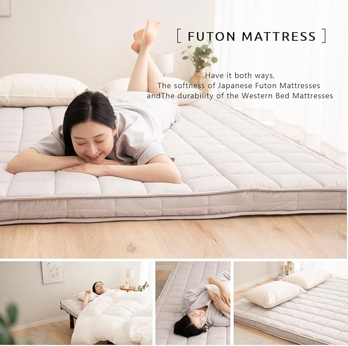 EMOOR Japanese Padded Futon Mattress Machi King Gray, Gusset Foldable Storable Elastic Bands Floor Sleeping Guest Bed Tatami Mat