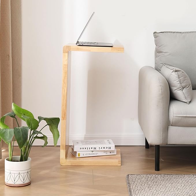 C Shaped End Table, Solid Wood C Side Table for Couch Sofa and Bed, Sofa Tables That Slide Under for Space Saving, Small Snack C Tables for Living Room Bedroom (H 24.4″ - Wood, 1)