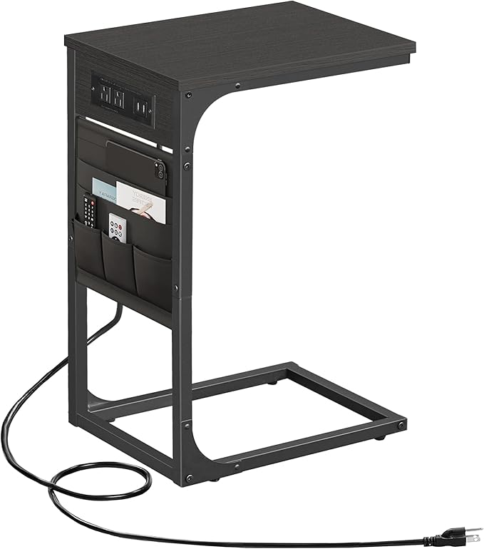 TUTOTAK C Shaped End Table with Charging Station, Side Table for Sofa and Couch with Storage, TV Tray Table with 2 USB Ports & Outlets - Black TB01BK024