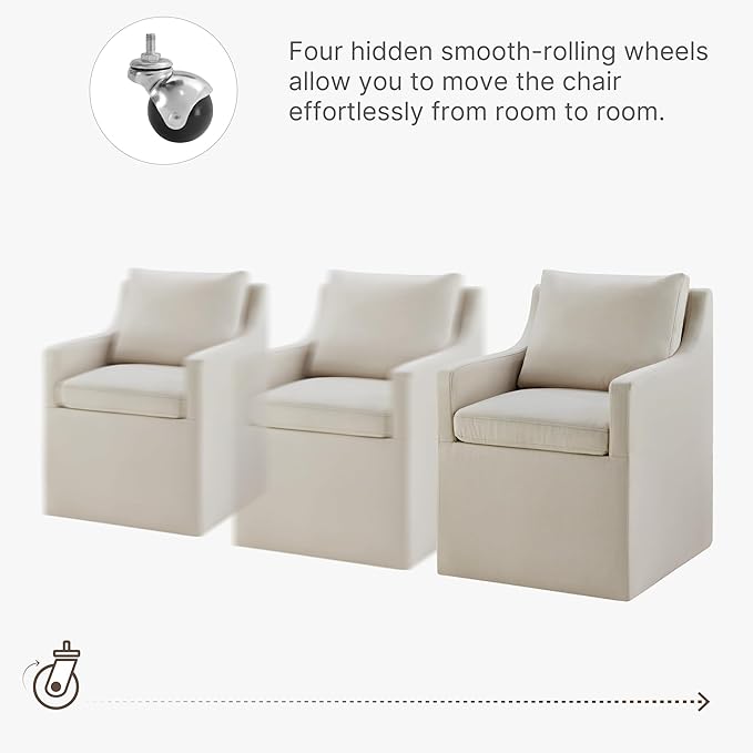 Upholstered Dining Chairs with Casters Washable Cover Side Deskchair with Rollers for Diningroom, Living Room, Flax Beige, 4 Box
