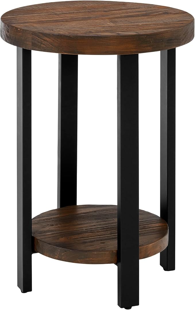 Pomona 20 in. Round End Table with 2 Shelves, Solid Wood Top, Metal Legs, Rustic Natural Brown Finish - Living Room Furniture