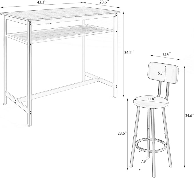 5-Piece Bar Table and Chairs Set, 43.3'' Pub Table Set Modern Small Table and Chairs Set of 4 for Breakfast Nook Living Room Small Space Restaurant, White Oak