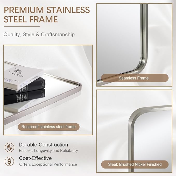 ANDY STAR 28x36 INCH Brushed Nickel Mirror, Rounded Rectangle Brushed Silver Metal Framed Mirrors for Bathroom Anti-Rust SUS304, Tube Metal Frame, 1’’ Deep Wall Mounted Vertically/Horizontal