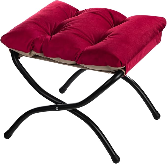 HollyHOME 15"(H) Folding Footrest Stool, Upholstered Small Foldable Ottoman, Accent Padded Sofa Foot Stool for Lazy Chair, Metal Frame Portable Foot Rest Ottoman for Living Room, Bedroom, Burgundy