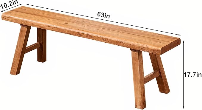 63in Wood Bench Indoor – Rustic Farmhouse Entryway Bench, Skinny Bench Design, Made of Extra-Thick Solid Wood, Perfect for Dining Room, Hallway, or End of Bed