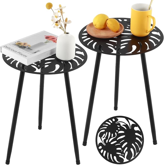 2 Packs Metal Outdoor Side Tables Small Outside End Table for Patio Round Accent Garden Corner Table for Small Spaces, Balcony, Porch Plant Stand Indoor