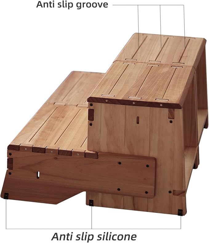 16" Wooden Two Step Stool for Adult & Kid, Wider, Deeper & Safer Bedside Steps, Anti-Slip. Riser 2-Step Spa & Hot Tub Stairs for Pool, Heavy Duty for Kitchen, Bathroom, Closet, High Bed Step