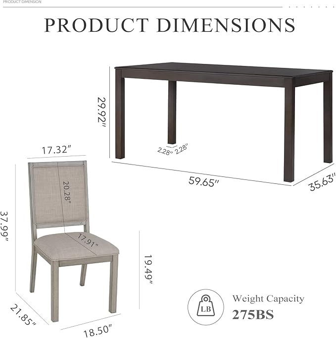 COLAMY Modern Rectangular Dining Table Set, 60" L x 36" W x 30" H, Grey Wood & Fabric, 6 Person Capacity, Requires Assembly