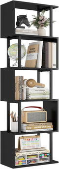 Gadroad 5-Tier Bookshelf, Tall S-Shaped Geometric Bookcase, Wood and Metal Decorative Storage Shelving, Modern Freestanding Display Shelves, Book Shelf Unit for Living Room Bedroom Home Office, Black