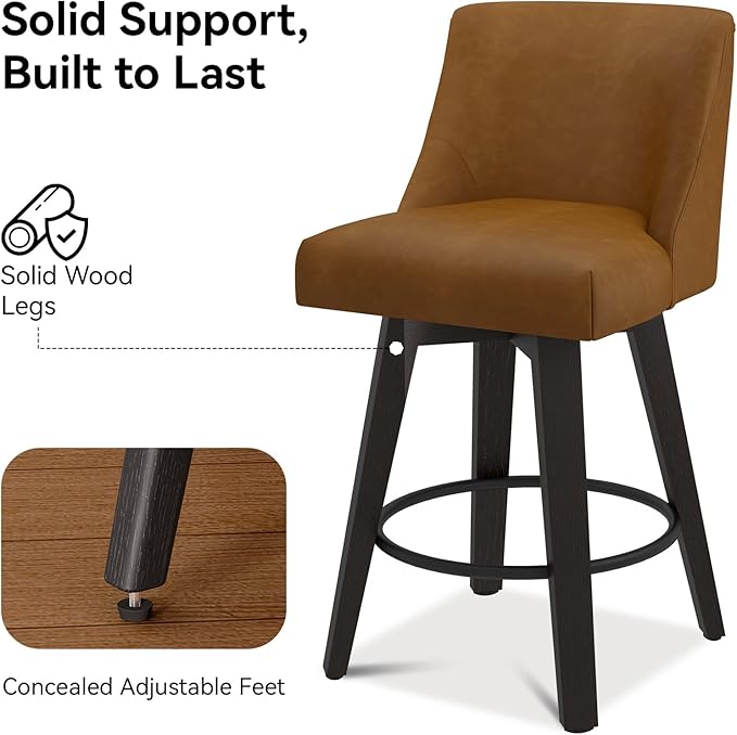 Counter Height Swivel Bar Stools Set of 3, 26 Inch Bar Stools with Footrest, Faux Leather Upholstered Barstools with Back and Solid Wood Legs for Kitchen Island, Dining Room,Pub,Brown
