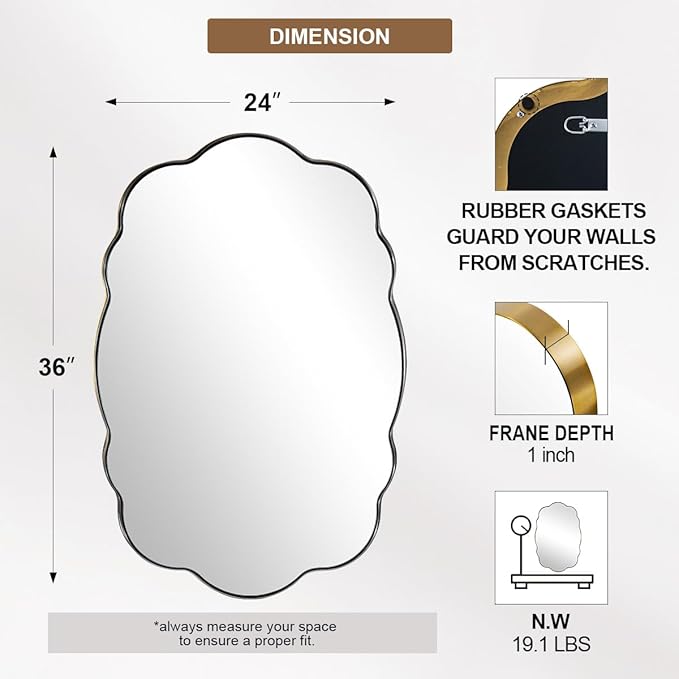 ANDY STAR Oval Bathroom Mirror, 24x36 Inch Scalloped Wall Mirror, Modern Brushed Gold Wavy Mirror, Anti-Rust Brass Metal Mirror for Bathroom Hang Vertical or Horizontal