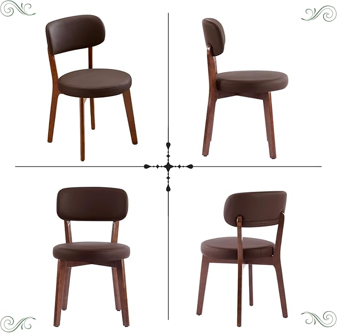 Furniliving Wooden Dining Chairs Set of 6, Mid-Century Modern Leather Upholstered Kitchen Chair with Solid Oak Wood, Farmhouse Dining Room Chairs, Brown