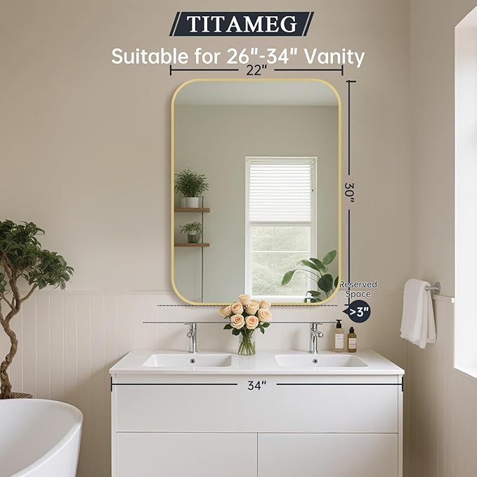 22x30 Inch Bathroom Mirror for Wall,Gold Framed Rectangle Mirror with Rounded Corner,Aluminum Alloy Framed Brushed Wall Mirror for Bedroom or Living Room,Vertical or Horizontal