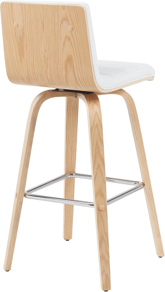Armen Living Vienna Modern Swivel 30" Bar Height Barstool with White Faux Leather and Patterned Oak Wood Finish