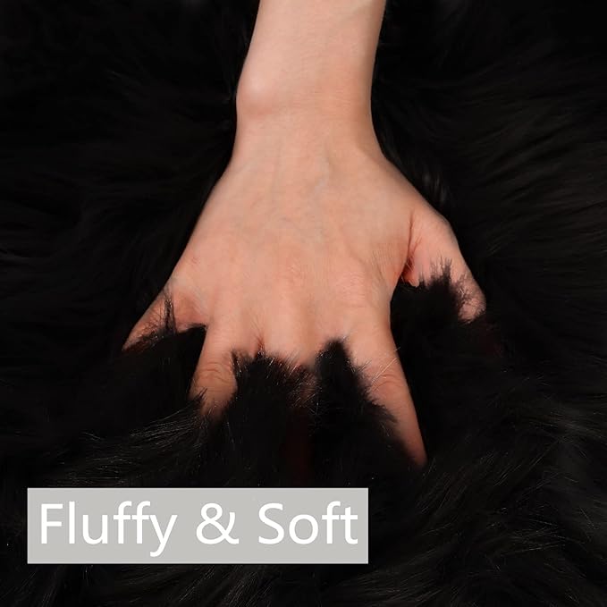 duduta Black Faux Sheepskin Fur Rug 3x5 ft, Fluffy Shag Bedroom Dorm Nursery Playroom Carpet Rug Non Slip Washable