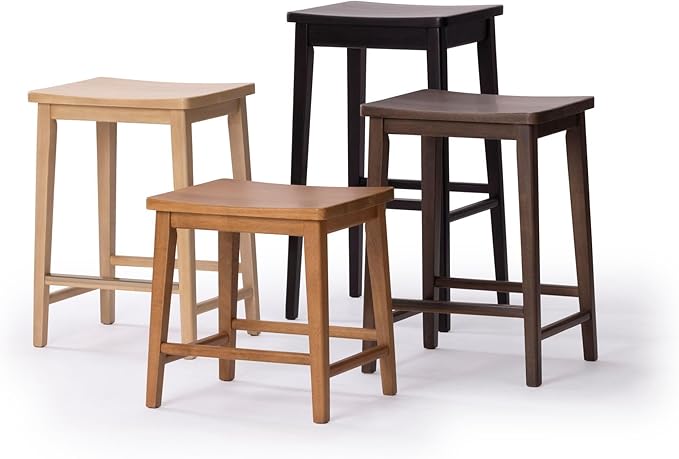 Plank+Beam Smythe Dining Stool, 18",Set of 4, Sturdy Wood Modern Kitchen Stool, Saddle Seat Backless Chair, Metal Footrest, Black