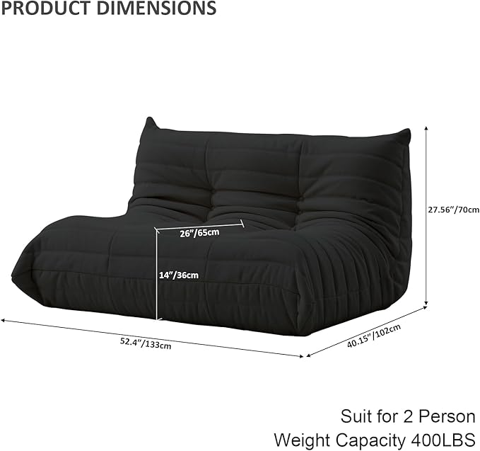 Luxury Sofa Couch Chair, Lazy Floor Seating, Fireside Bean Bag Chair, Ergonomic Tatami Sofa Lounger for Living Room, Bedroom, Office, Loveseat, Black