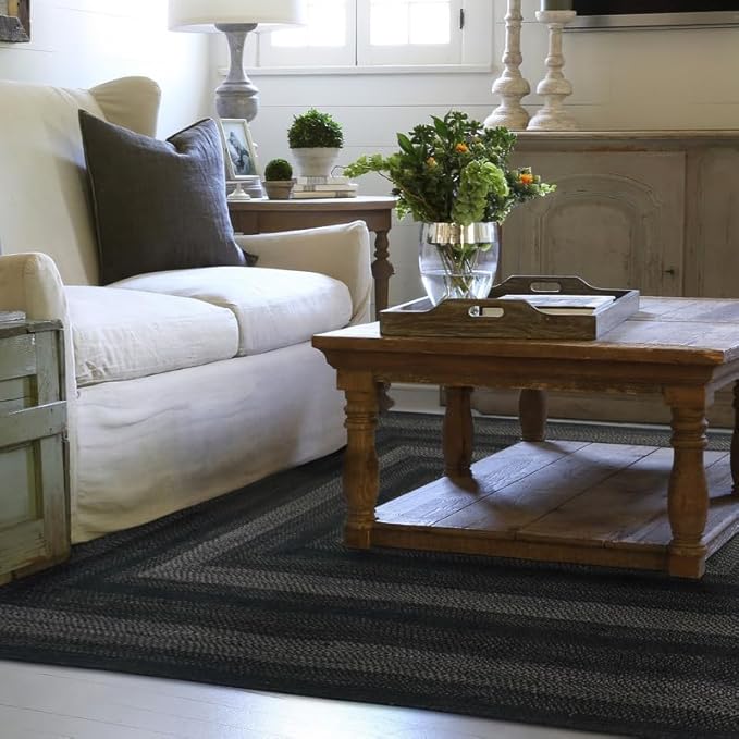 Homespice Jet Black Jute Rug 8x10' – Primitive Braided Rugs for Living Room and Dining Room