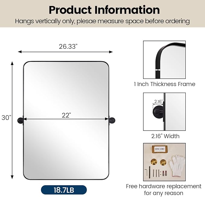 MOON MIRROR Matte Black Rounded Rectangle Pivot Mirror for Bathroom, Vanity, Overall 26.33x30 in (Without Bracket 22x30 in), Hangs Vertical Only