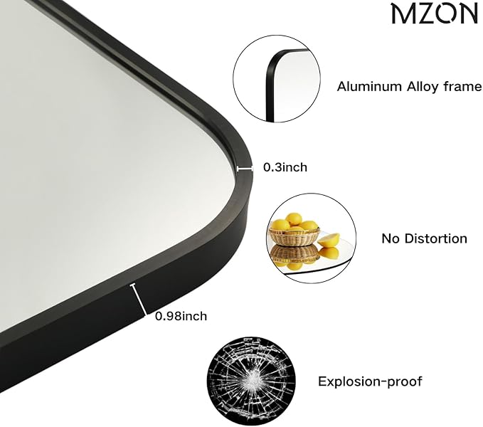 MZON 16x20 Inch Matte Black Bathroom Mirror, Rectangle Wall Mirror for Bathroom or Entryway, Anti-Rust Frame & Tempered Glass, Hangs Horizontally/Vertically - Space-Saving Minimalist Decor