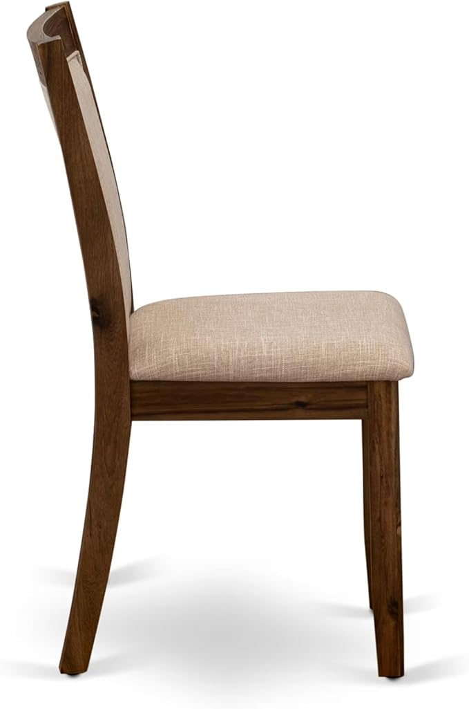 F7MZ5-50N-04 5-Pc Dining Table Set Includes a Pedestal Dinner Table and 4 Light Tan Polyester Fabric Parson Chairs with Padded Back- Antique Walnut