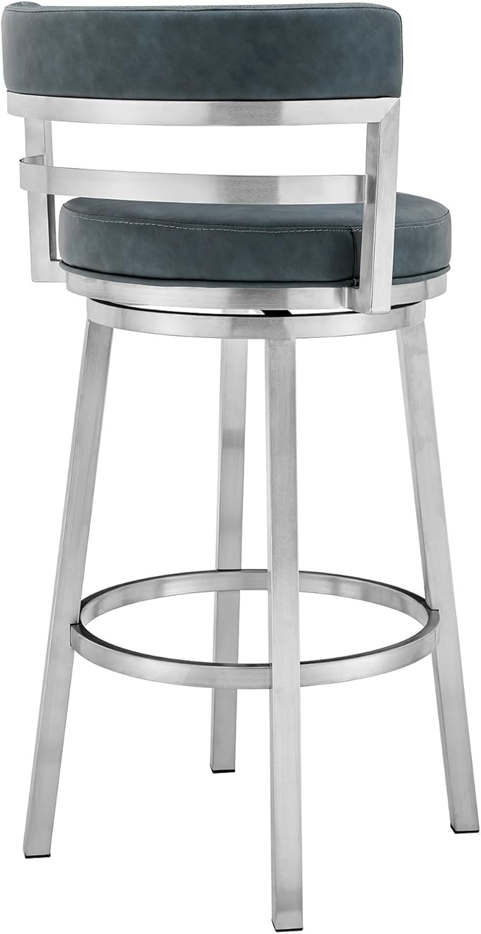 Armen Living Titana 26" Counter Height Swivel Blue Faux Leather and Brushed Stainless Steel Bar Stool