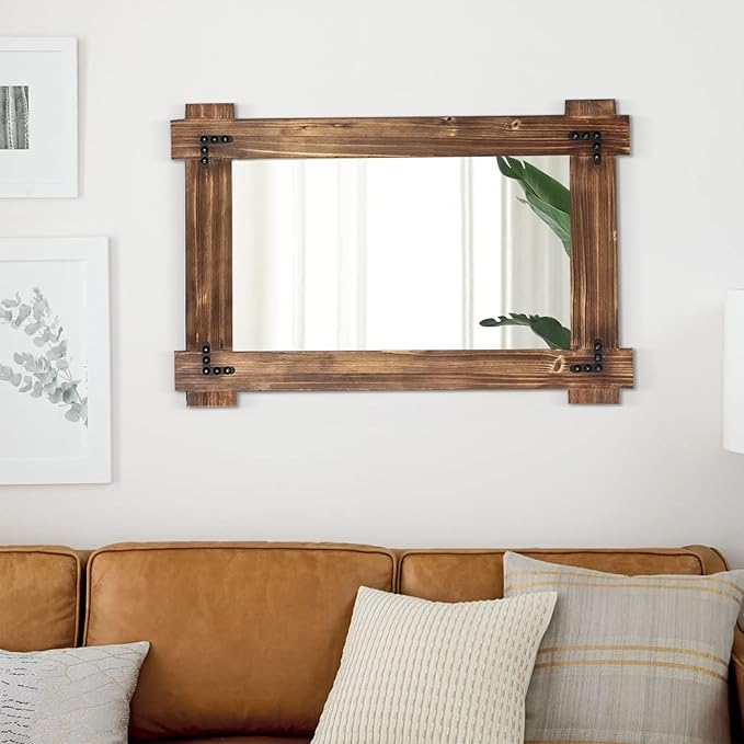MeMoreCool Rustic Wood Mirror for Bathroom, Decorative Framed Farmhouse Vanity Mirror, Wall Mounted Rectangular Mirror for Bedroom or Living Room, Small 20x30 Inch