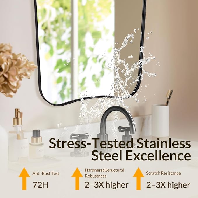 24x40 Black Mirror, Irregular Shaped Mirror with Curved Edge Design, Asymmetrical Bathroom Mirror, Wall Mounted Decorative Mirror for Powder Room, Foyer, Master Room, Hangs Vertical Only