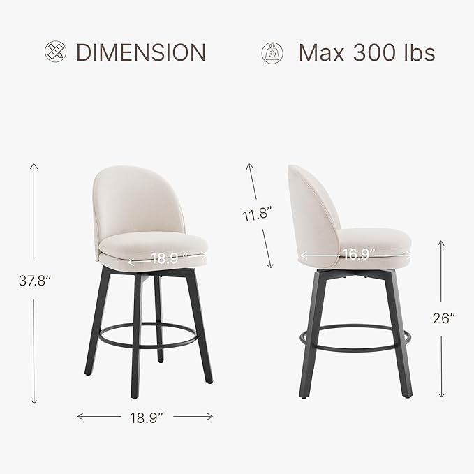 Counter Height Barstools 26 inch Upholstered Swivel Bar Stools with Back and Wood Legs for Kitchen Island,Set of 1,Beige Fabric-Armless