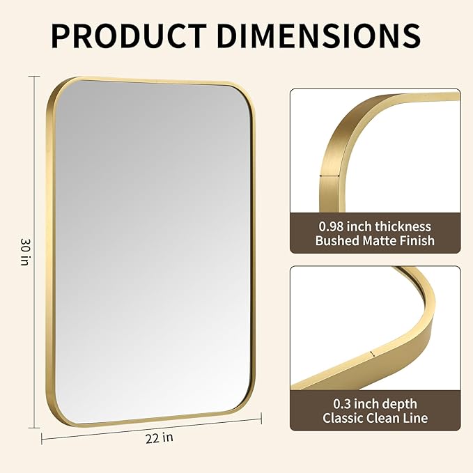 Gold Bathroom Mirror, 24x32 Inch Aluminum Frame Rectangle Mirror, Anti-Rust, Tempered Glass, Wall Mirror for Over Sink, Vanity, Bedroom, Entryway, Horizontal/Vertical