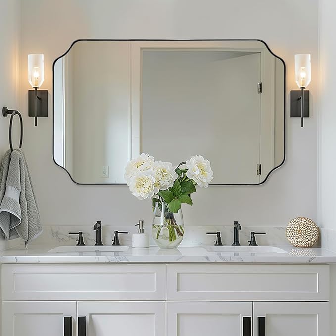 ANDY STAR Matte Black Mirror 24x40 Inch, Scalloped Mirror for Bathroom, Unique Rectangular Bathroom Mirror in Premium Stainless Steel Metal Frame 1’’ Deep, Hangs Vertically/Horizontally