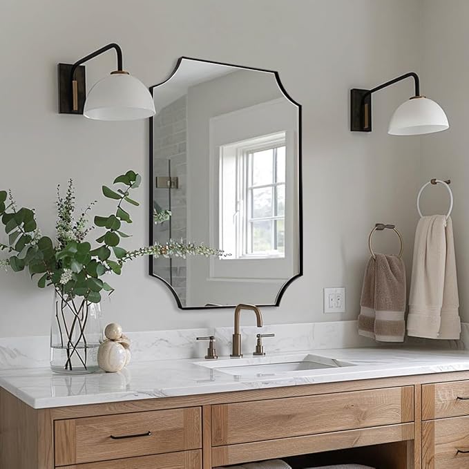 ANDY STAR Matte Black Bathroom Mirror, 22x30'' Scalloped Mirror for Bathroom, Unique Rectangle Bathroom Mirror in Premium Stainless Steel Frame, Deep 1", Ideal for Limited Space