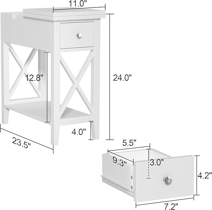 ChooChoo White End Table Set of 2, Flip Top Narrow End Table with Drawer, Accent Small Side Table Nightstand for Living Room, Bedroom, and Small Spaces