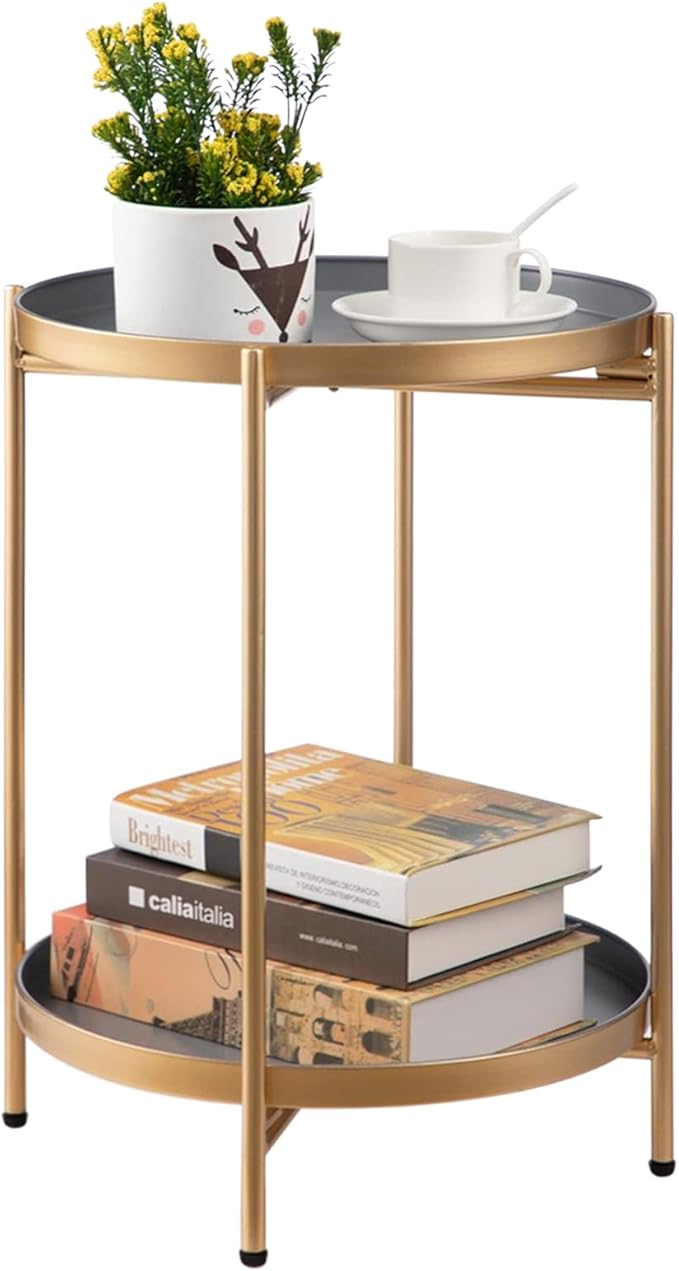 HollyHOME 2-Tier Round Gold Side Table, Outdoor Small Folding Accent Stand with Removable Tray, Anti-Rust Metal Asional Table for Balcony Patio Living Room, Nightstand for Bedroom(Gold&Grey)