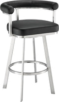 Armen Living Magnolia Swivel Bar Stool in Brushed Stainless Steel with Black Faux Leather