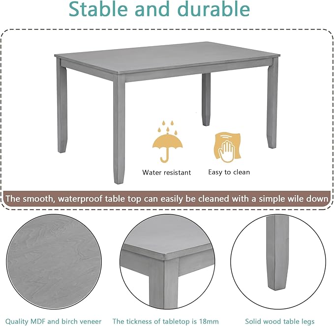 KEIKI 6-Piece Standard Height Dining Table Set with Rectangular Table, 4 Upholstered X-Shaped Backrset Chair, Bench, for 6 Person, Modern Style Table Set, Easy Assembly, for Kitchen, Dining Room, Gray