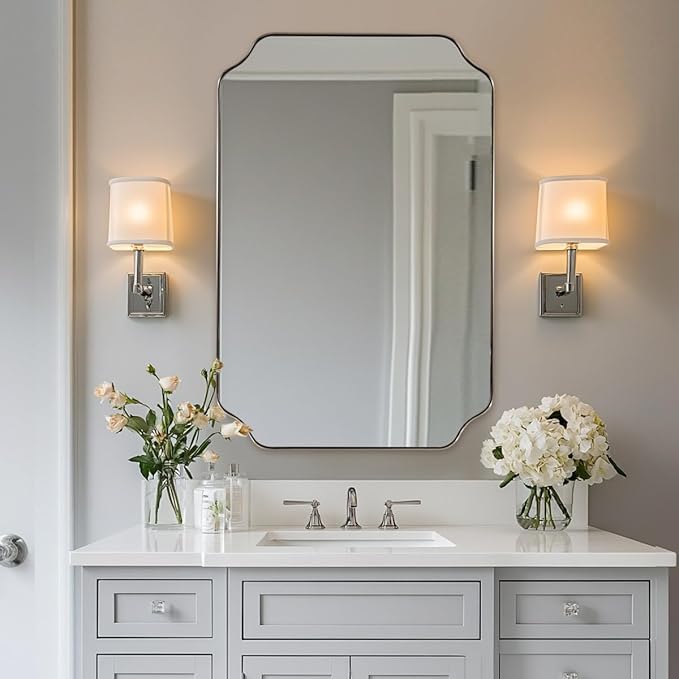 ANDY STAR Chrome Bathroom Mirror, 24x36 Inch Polished Chrome Rectangle Mirror, Scalloped Bathroom Mirror with Stainless Steel Metal Frame, Thin Frame Deep 1’’