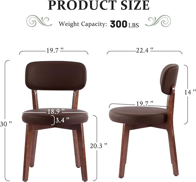 Furniliving Wooden Dining Chairs Set of 2, Mid-Century Modern Leather Upholstered Kitchen Chair with Solid Oak Wood, Farmhouse Dining Room Chairs, Brown
