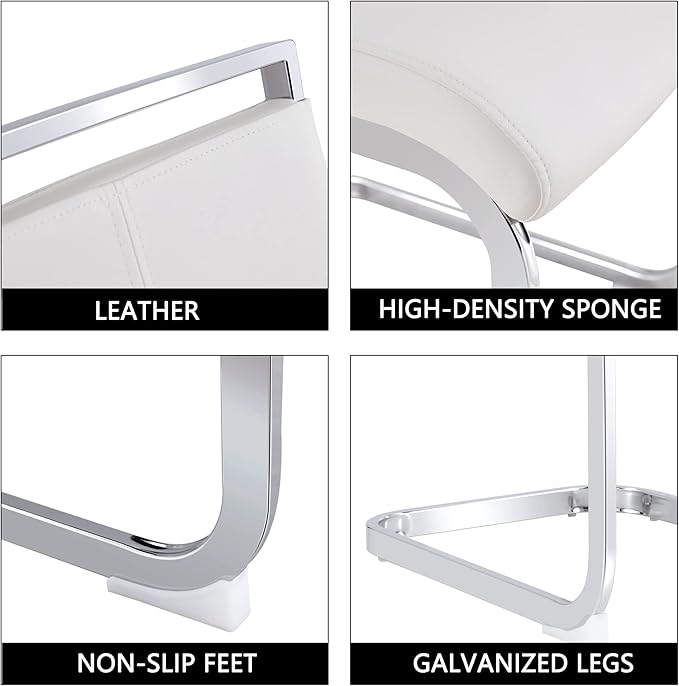 Dining Chairs Set, Kitchen Modern Metal Chairs with Faux Leather Padded Seat High Back and Sturdy Chrome Legs, Chairs for Dining Room (White, Set of 2)