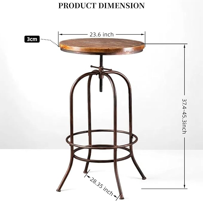Vintage Bar Table Swivel Industrial Style Pub Table Kitchen Dining Tables Height Adjustable 37.4-45.3inch Coffee Table with Footrest