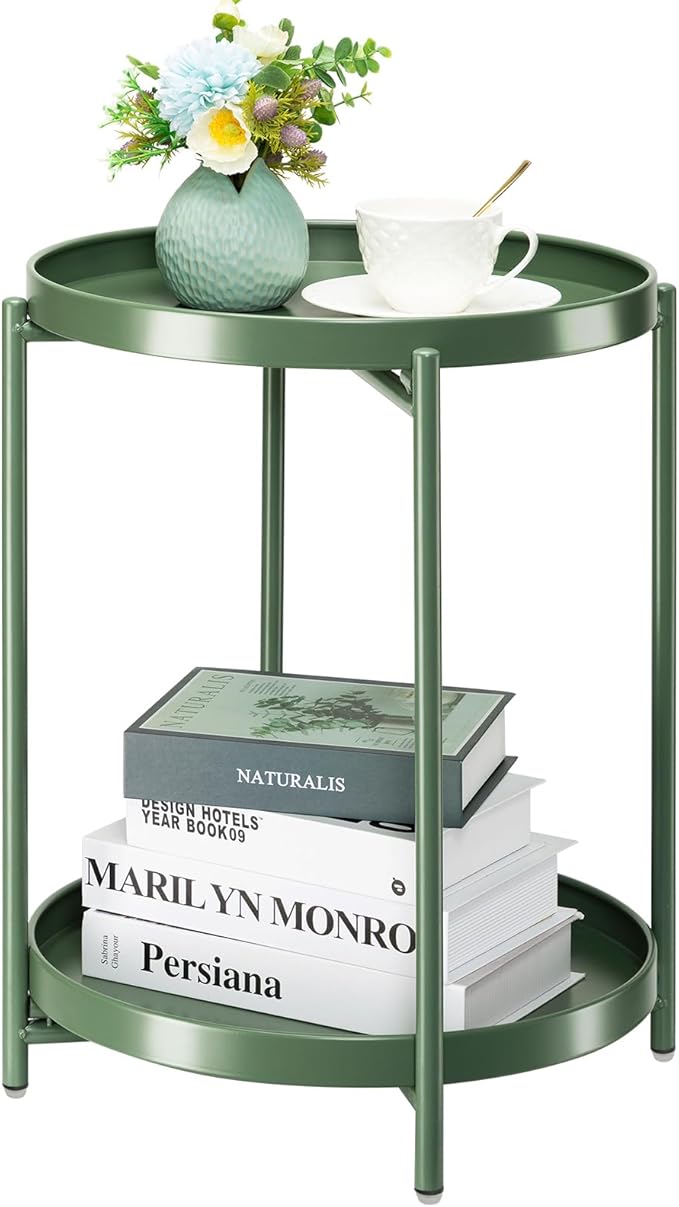 danpinera 2 Tier Metal Side Table with Removable Tray, Folding End Table Outdoor Small Accent Table, Anti-Rust Green Nightstand for Bedroom Balcony Patio, Set of 2 (Dark Green)