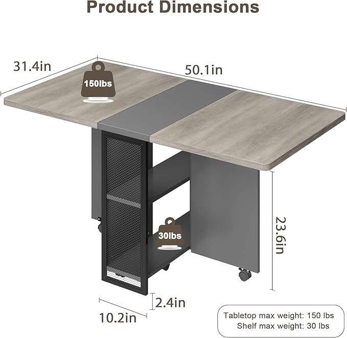 IDEALHOUSE Folding Dining Table, Drop Leaf Dining Table with 6 Wheels and 2-Layer Storage Shelf, Space Saving Dining Table for Small Spaces (Carlo Grey, 50.1" D x 31.4" W x 29.5" H)