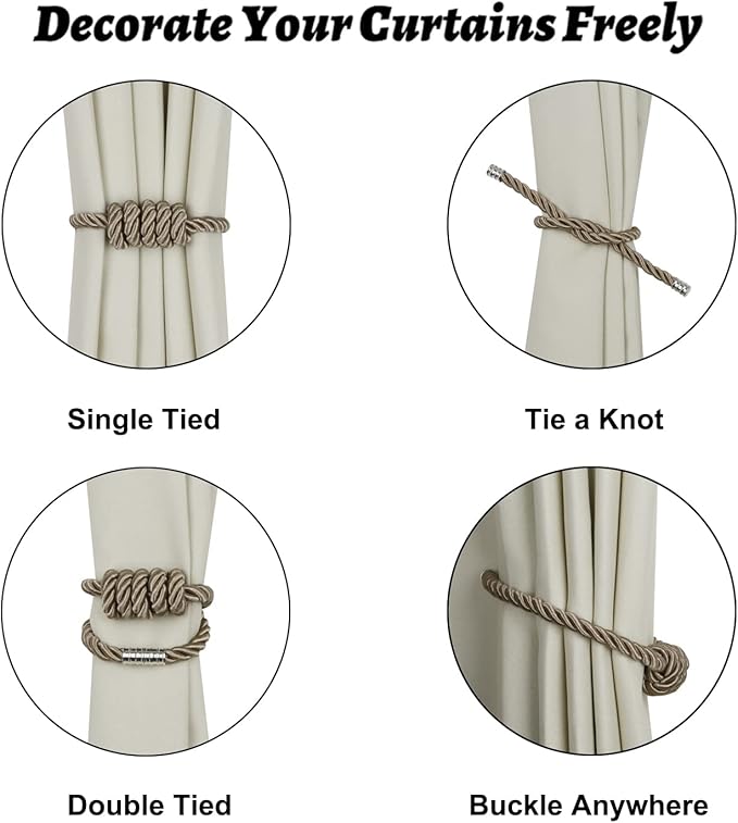 BEL AVENIR Magnetic Curtain Tiebacks, Decorative Drapery Holdbacks Modern Woven Tie-Backs with Exquisite Knot (Flaxen, 4 Pack)