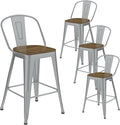 Metal Bar Stools Set of 4, High Back Bar Stools with Wooden Seat, 26 inch Silver Barstools for Kitchen Island