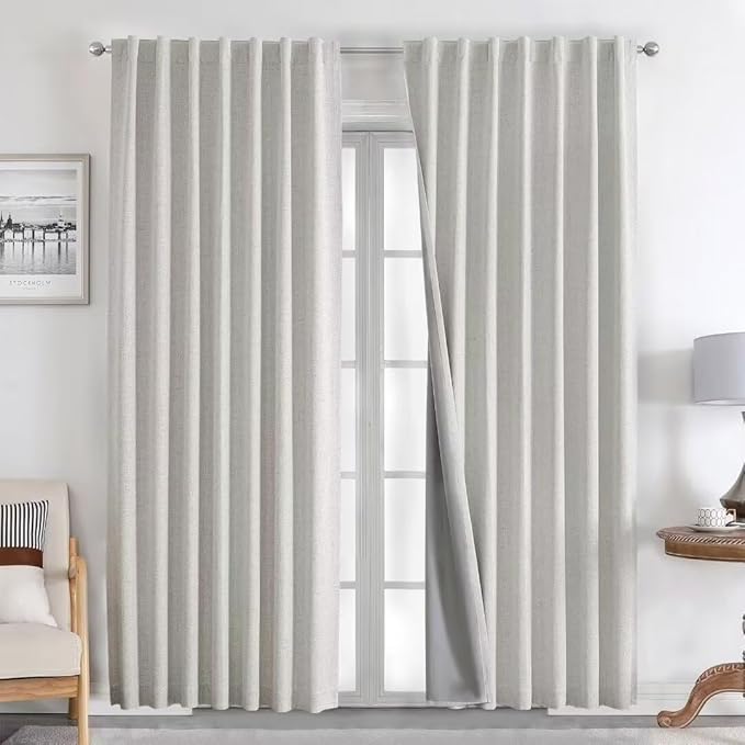 Joydeco Natural Linen Curtains 120 inch Length 2 Panels Set Burg 100% Blackout Patio Door Curtain Room Darkening Sliding Door Curtains Thermal Insulated Back tab Rod Pocket(105x120 inch, White)