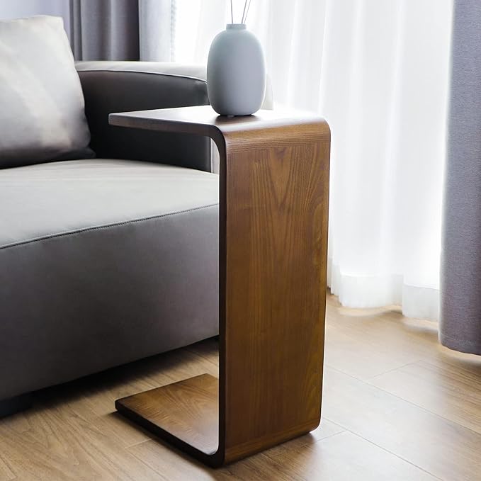 COZYMATIC Carlisha C-Shaped End Table Sofa Table Coffee Table Solid Wood Frame for Living Room Side Table for Bedroom(Set of 2), Walnut Brown