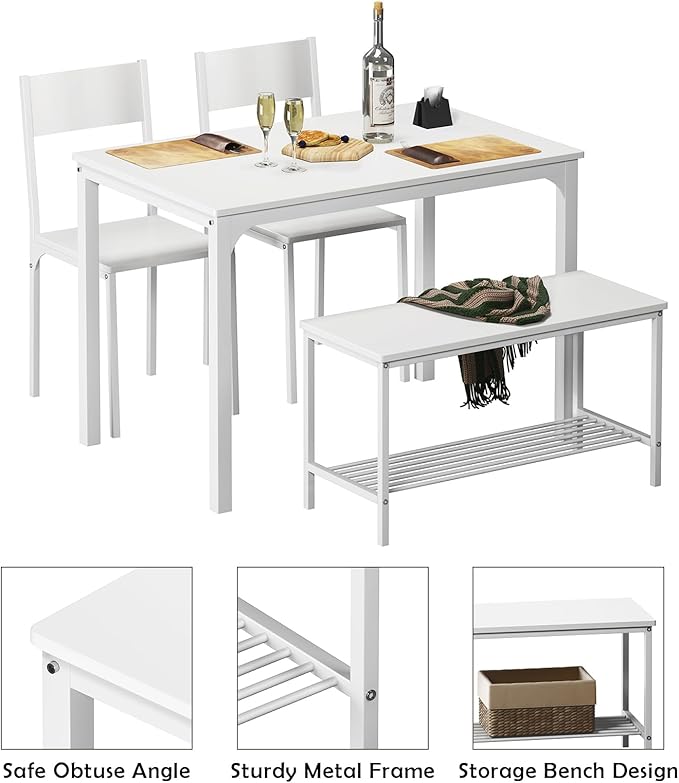 SogesHome Dining Table Set with 2 Chairs and 1 Bench, Bar Set Kitchen Table and Chairs for Dining Room Resturant Bistro Set, Pure White